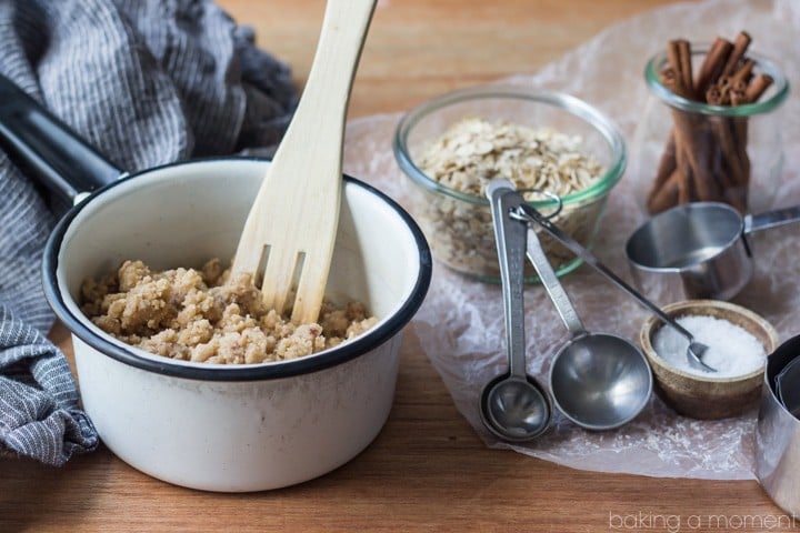 I find myself using this basic streusel recipe ALL THE TIME!  It's so good on breads, muffins, and fruit crisps, and you can customize the recipe in so many different ways.  