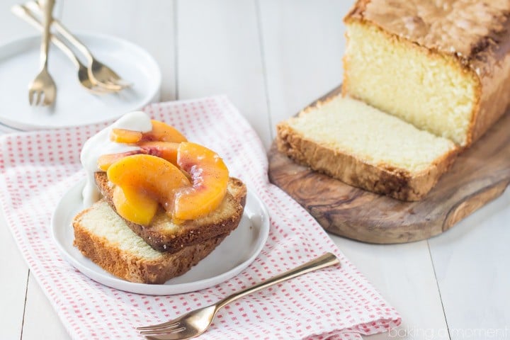 Best Pound Cake Recipe I've ever tried!  There's no chemical leaveners so all you taste is the butter and eggs.  Those gingered brown butter peaches take it totally over the top!  