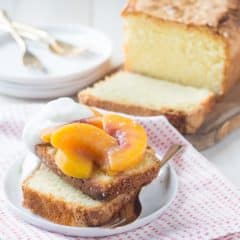 Best Pound Cake Recipe I've ever tried! There's no chemical leaveners so all you taste is the butter and eggs. Those gingered brown butter peaches take it totally over the top!