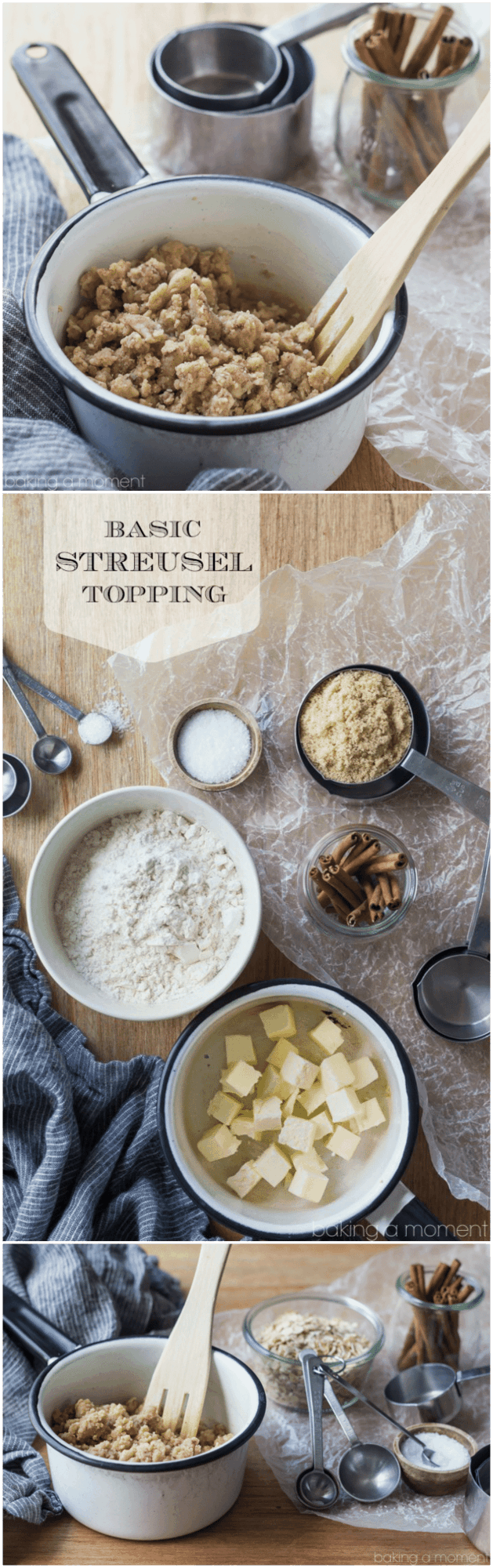 I find myself using this basic streusel recipe ALL THE TIME!  It's so good on breads, muffins, and fruit crisps, and you can customize the recipe in so many different ways.  