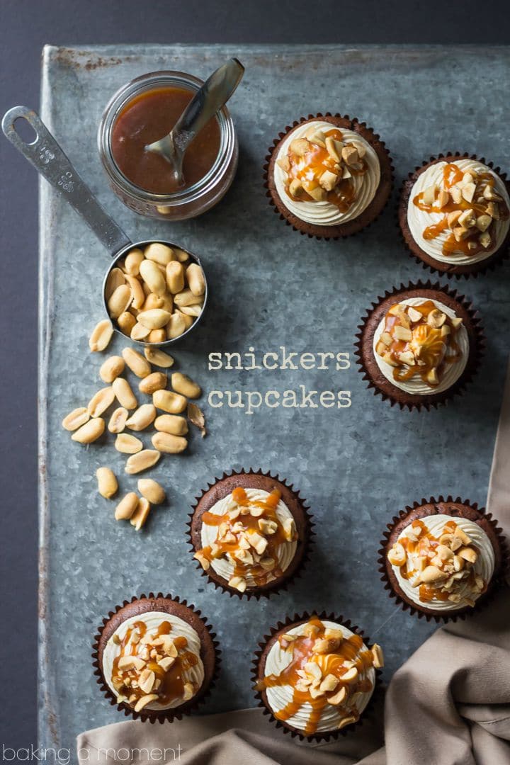 Snickers Cupcakes- best ever chocolate cupcake, topped with peanut butter buttercream, salted caramel, and peanuts. These were incredible!