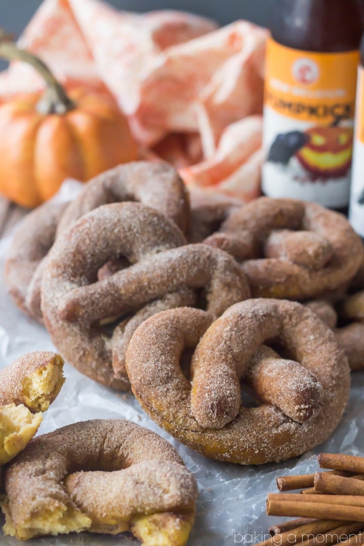 The ultimate sweet/savory fall snack! These soft pretzels are infused with pumpkin beer for a seasonal twist, then dusted with pumpkin spice sugar. Move over Auntie Anne's! 