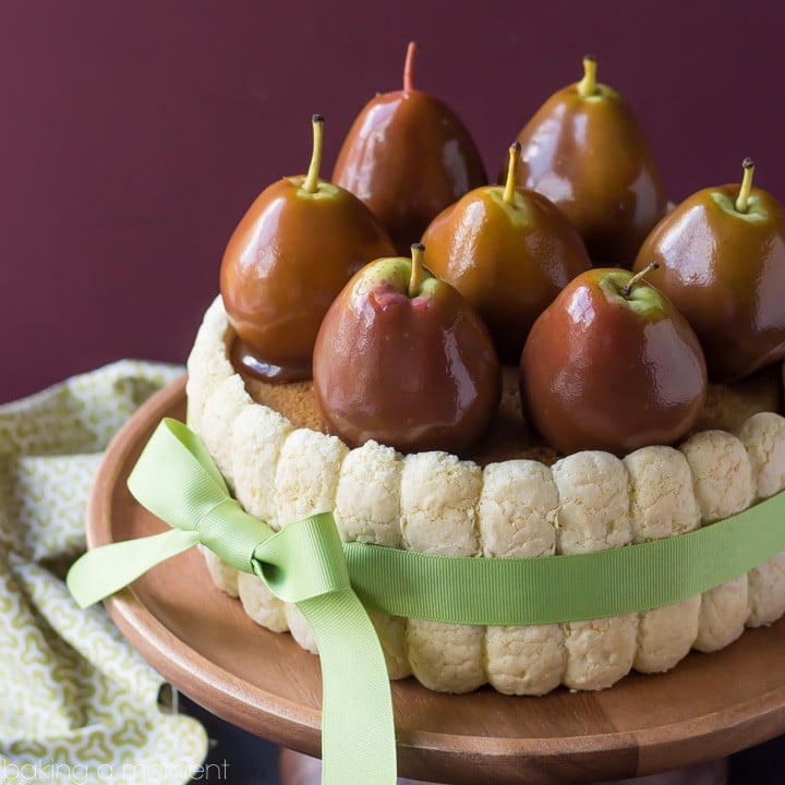 Pear Caramel Charlotte, by Baking a Moment: layers of vanilla brown sugar cake, sandwiched around a pear caramel mousse, surrounded by ladyfingers and crowned with caramel-dipped pears.
