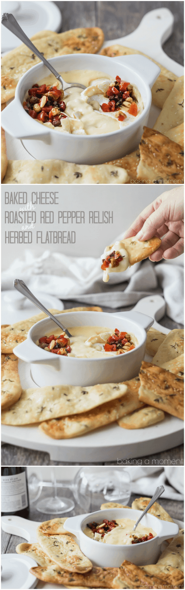 Serve this simple appetizer at your next get-together! The baked cheese is so creamy, and couldn't be simpler to make, and the roasted red pepper relish has tons of smoky-sweet flavor! Scoop it all up with crunchy homemade herbed flatbreads. @marthastewart @macys #marthastewartcollection #mscollection