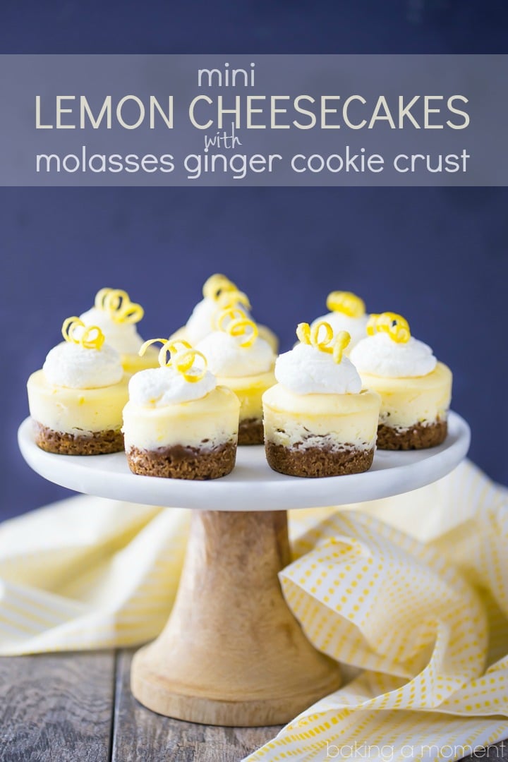 So cute for a party! These creamy Mini Lemon Cheesecakes are a perfect compliment to their soft & chewy ginger molasses cookie crust. @AFBakingMixes #spon