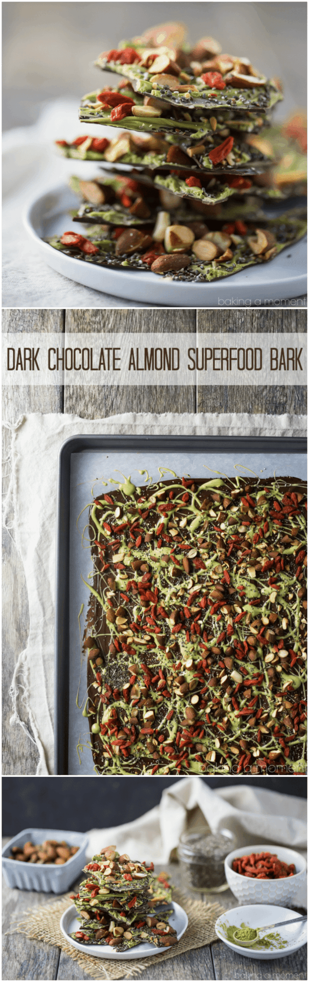 This Dark Chocolate Almond Superfood Bark is loaded with healthy ingredients like matcha, goji berries, and chia seeds. Makes a great homemade holiday gift! 