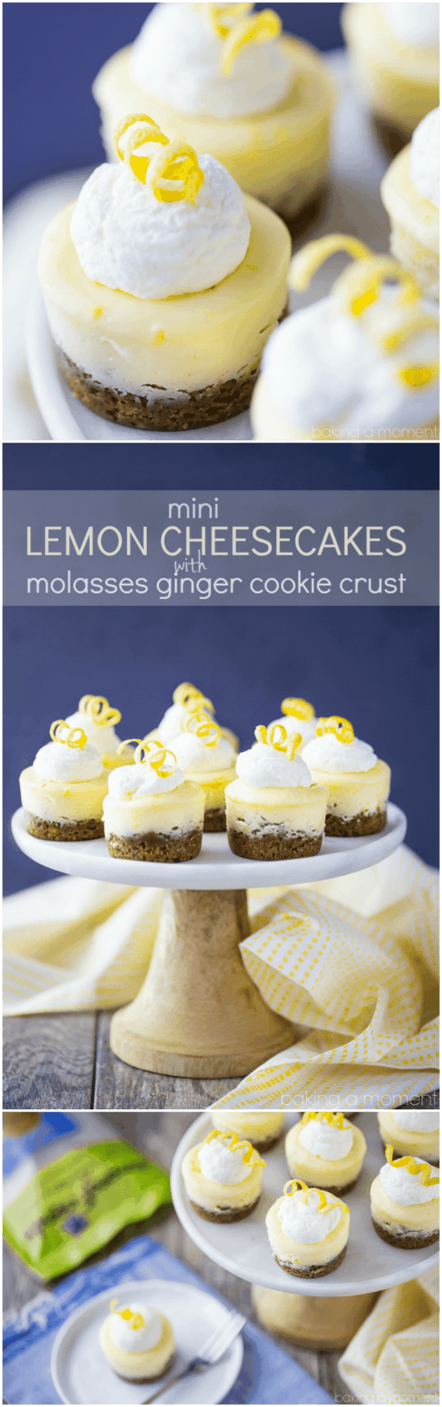 So cute for a party! These creamy Mini Lemon Cheesecakes are a perfect compliment to their soft & chewy ginger molasses cookie crust. @AFBakingMixes #spon