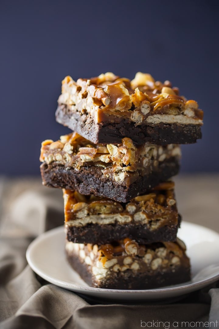 A dark chocolate-y, fudgy brownie, topped with pretzels, potato chips, peanuts, and caramel. These are completely over-the-top! 