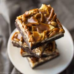 A dark chocolate-y, fudgy brownie, topped with pretzels, potato chips, peanuts, and caramel. These are completely over-the-top!