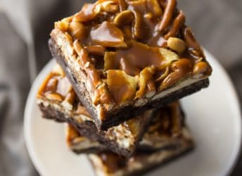 A dark chocolate-y, fudgy brownie, topped with pretzels, potato chips, peanuts, and caramel. These are completely over-the-top!