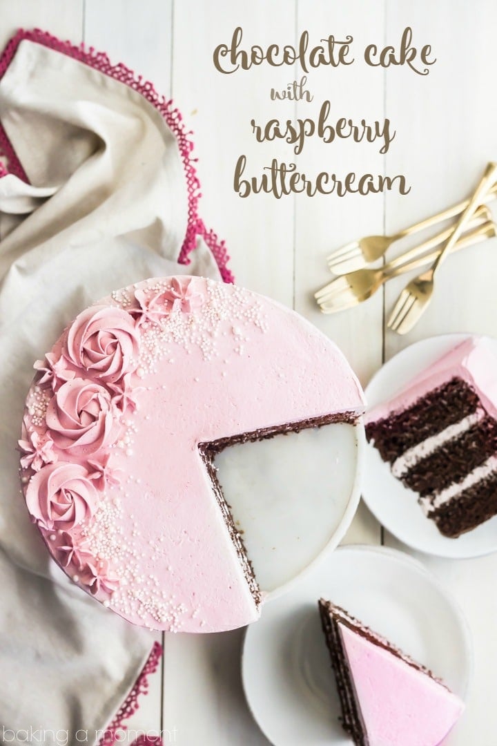 LOVED this moist and fluffy chocolate cake, and the raspberry buttercream was so light and fresh! Perfect party cake :)