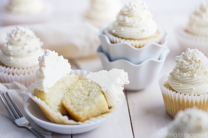 Simply perfect white cupcakes with a moist texture and a delicate hint of almond. 