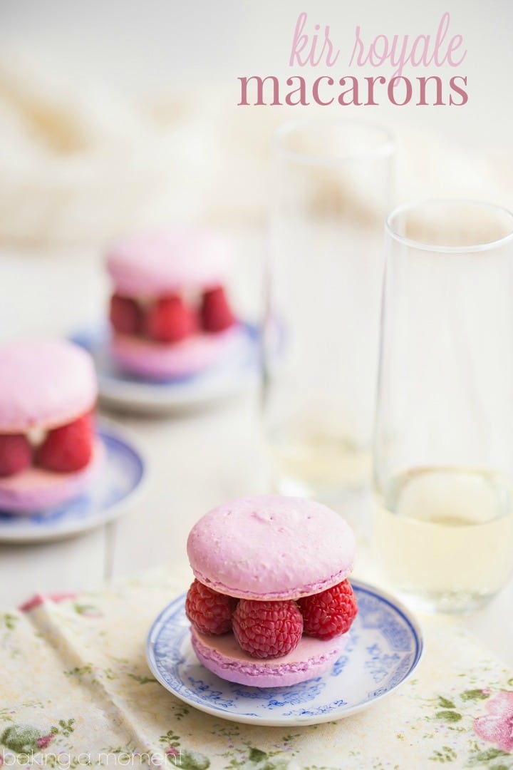 Raspberry & Champagne come together in these gorgeous Kir Royale Macarons. Perfect for a party or shower! 