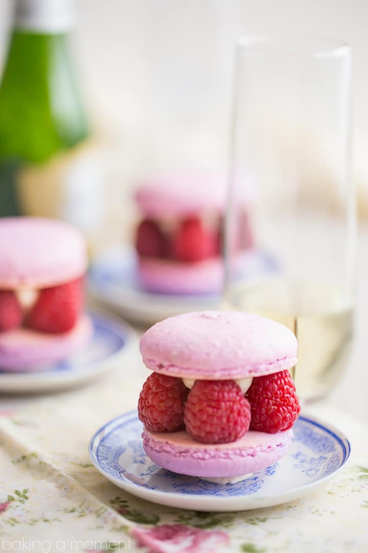 Raspberry & Champagne come together in these gorgeous Kir Royale Macarons. Perfect for a party or shower! 