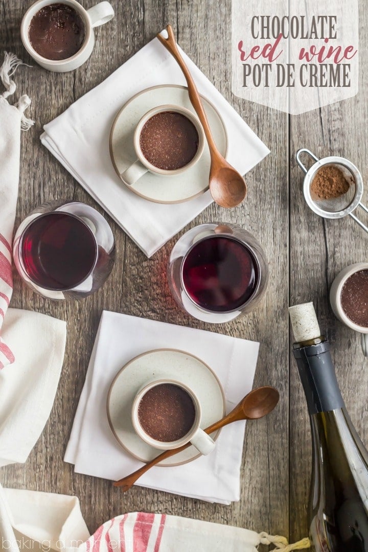 Chocolate Red Wine Pot de Creme: a rich, dense, spoonable chocolate dessert with a hint of complexity from lush red wine. 