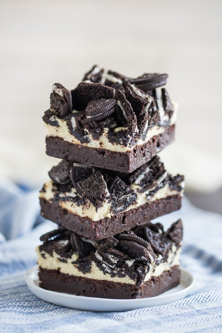 These are SO indulgent and GOOD! I could not get over how fudgy and chocolate-y the brownie layer was, and the creamy cheesecake plus Oreos was amazing! If you know a cookies & cream lover, definitely make them these bars! 