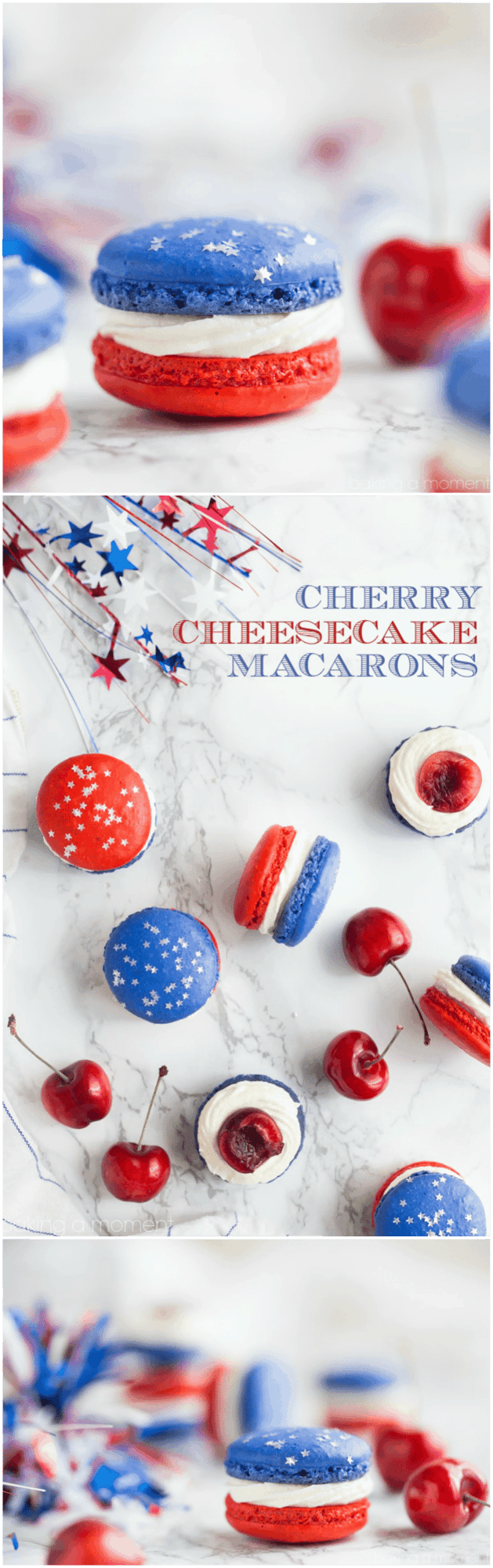 Red, White, and Blue Cherry Cheesecake Macarons: so much fun for a barbecue! Loved the patriotic colors- definitely on my must-make list for Memorial Day or July 4th.