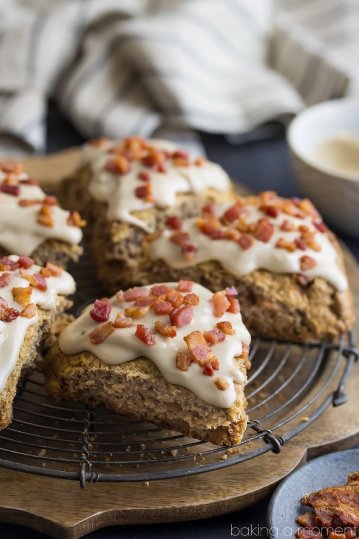 Cinnamon Peanut Butter Chip Scones with Maple Bacon Glaze- sounds crazy but these were insanely good! 