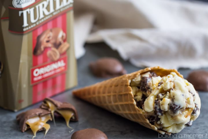 Salted Caramel Turtle Brownie Ice Cream- homemade vanilla ice cream swirled with salted caramel sauce and studded with brownies and TURTLES® caramel nut clusters. OMG! #turtles #ad