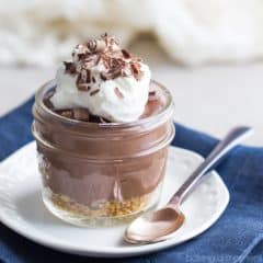 Easy Chocolate Pudding Pie Jars From Scratch- these were every bit as easy to make as the boxed kind, but the flavor was no comparison! So chocolate-y, smooth, & rich.