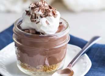 Easy Chocolate Pudding Pie Jars From Scratch- these were every bit as easy to make as the boxed kind, but the flavor was no comparison! So chocolate-y, smooth, & rich.