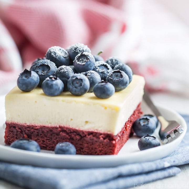 I made these red velvet cheesecake bars for the 4th of July and they were a big hit! The bottom layer had such a great cocoa/buttermilk flavor, and the cheesecake was so creamy! 