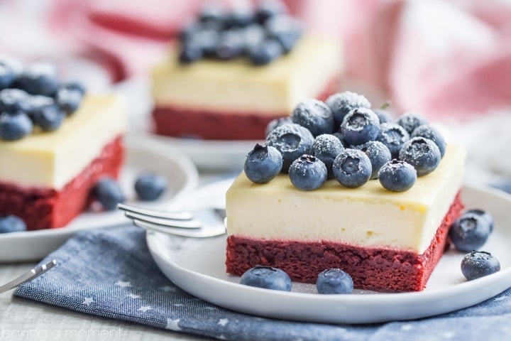 I made these red velvet cheesecake bars for the 4th of July and they were a big hit! The bottom layer had such a great cocoa/buttermilk flavor, and the cheesecake was so creamy! 