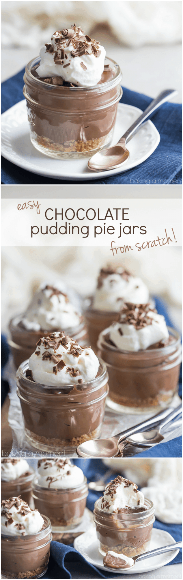Easy Chocolate Pudding Pie Jars From Scratch- these were every bit as easy to make as the boxed kind, but the flavor was no comparison! So chocolate-y, smooth, & rich. 
