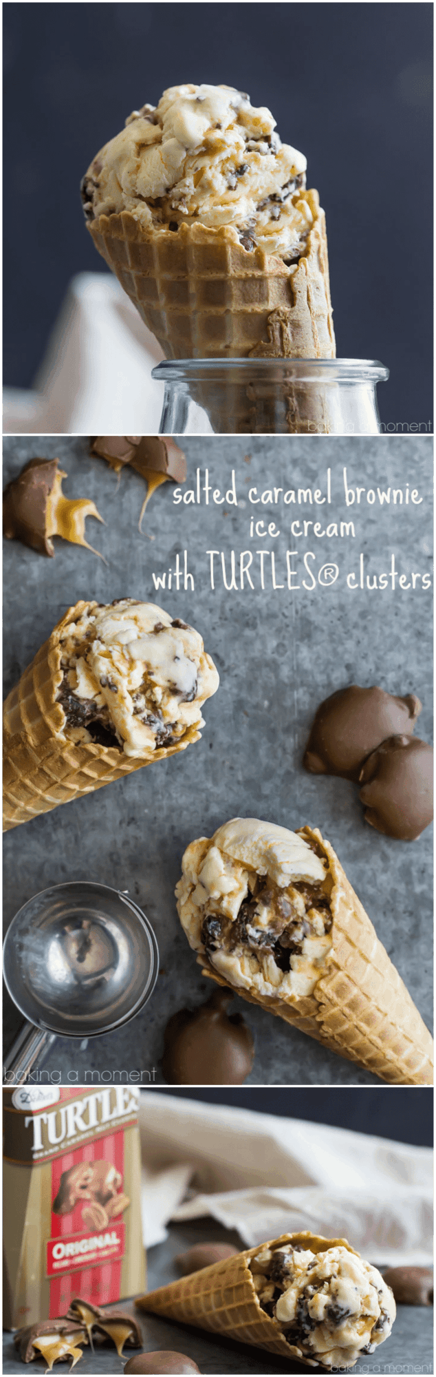 Salted Caramel Turtle Brownie Ice Cream- homemade vanilla ice cream swirled with salted caramel sauce and studded with brownies and TURTLES® caramel nut clusters. OMG! #turtles #ad