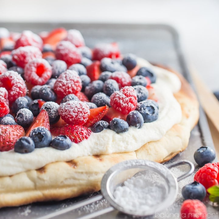 Such a great summer snack or dessert! This honey wheat pizza whips up in a snap with no rise time, and the lightly sweet and fluffy whipped ricotta is so good with fresh berries! 