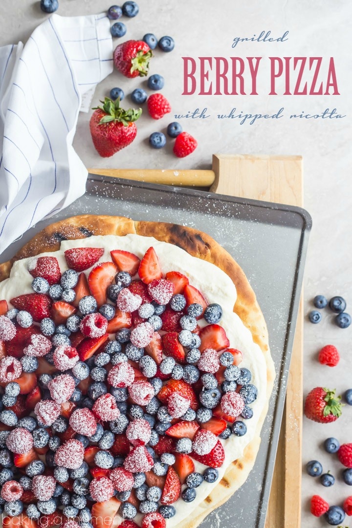Such a great summer snack or dessert! This honey wheat pizza whips up in a snap with no rise time, and the lightly sweet and fluffy whipped ricotta is so good with fresh berries!
