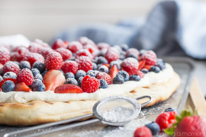 Such a great summer snack or dessert! This honey wheat pizza whips up in a snap with no rise time, and the lightly sweet and fluffy whipped ricotta is so good with fresh berries!