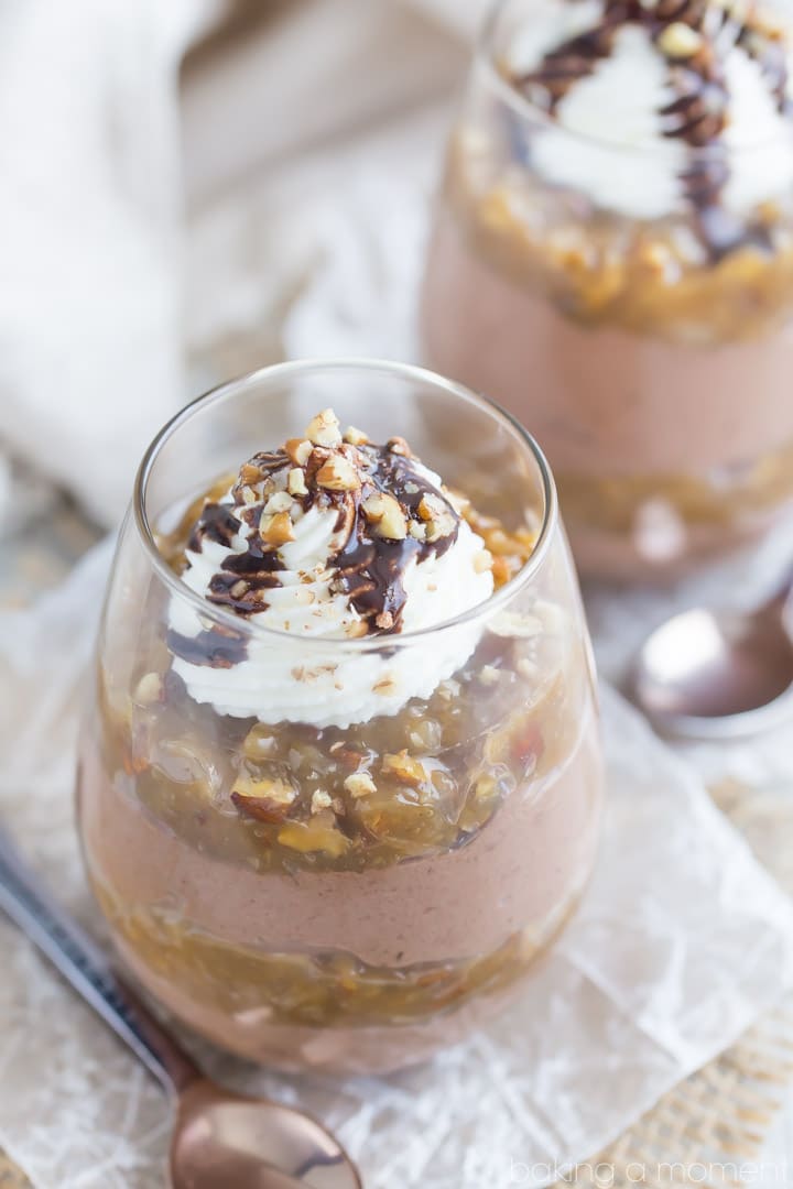 German Chocolate Cheesecake Mousse- fluffy chocolate no-bake cheesecake, layered with a buttery coconut-pecan caramel. Oh my! 