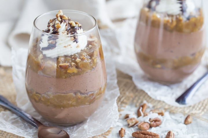 German Chocolate Cheesecake Mousse- fluffy chocolate no-bake cheesecake, layered with a buttery coconut-pecan caramel. Oh my!