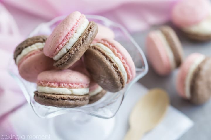 Neapolitan Macarons- Chocolate on one side, strawberry on the other, with a fluffy vanilla creme filling. The flavors are off the charts!