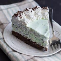 Mint Chocolate Chip Brownie Ice Cream Cake- a generous layer of homemade no-churn mint chocolate chip ice cream over a chewy brownie crust. Swoon!