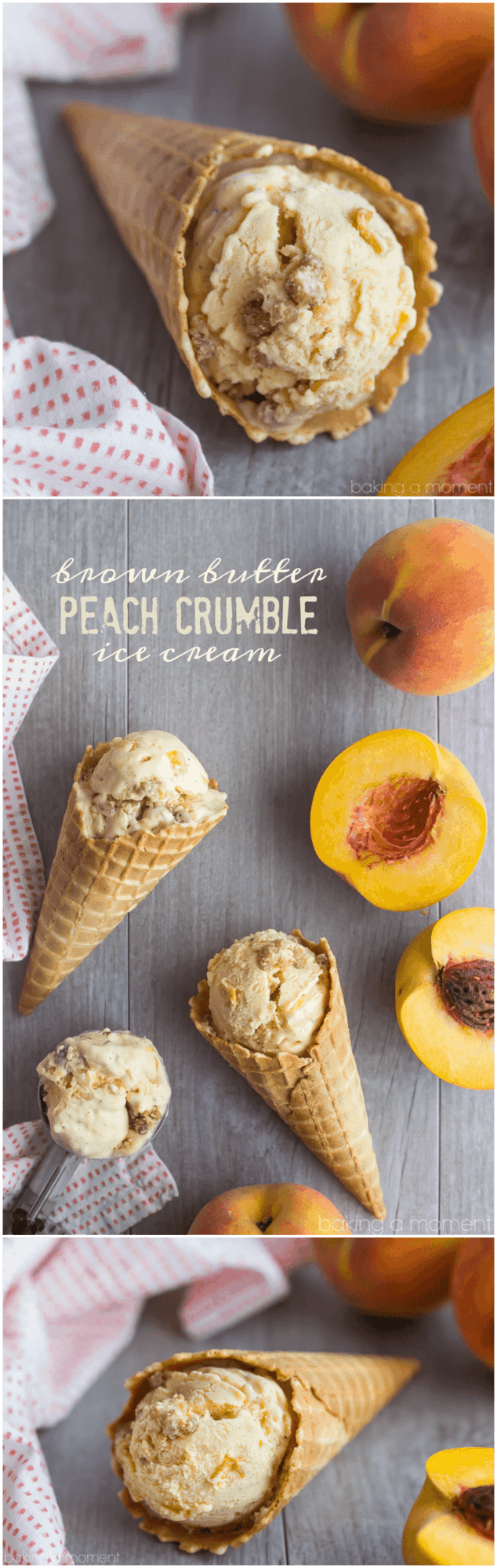 Brown Butter Peach Crumble Ice Cream- the ice cream has brown butter and peaches and there's the most delicious cinnamon streusel swirl! 