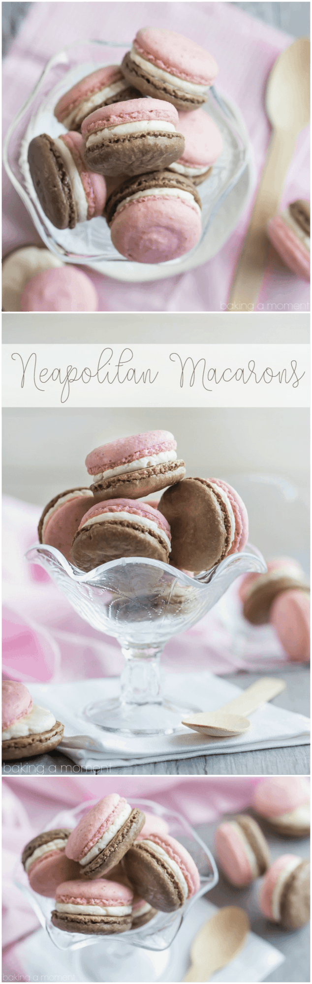 Neapolitan Macarons- Chocolate on one side, strawberry on the other, with a fluffy vanilla creme filling. The flavors are off the charts!