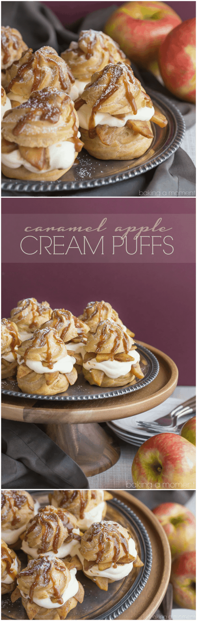 Caramel Apple Cream Puffs- Omg SO good! Loved the way the fluffy cream contrasts with the crusty puff... the caramel apples are the icing on the cake! Great make-ahead dessert for a special occasion.