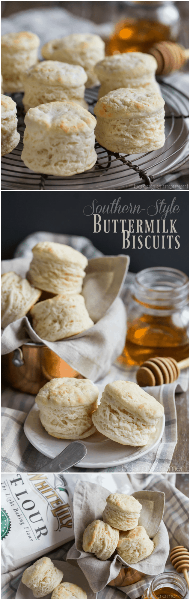 Picture collage of homemade buttermilk biscuits.