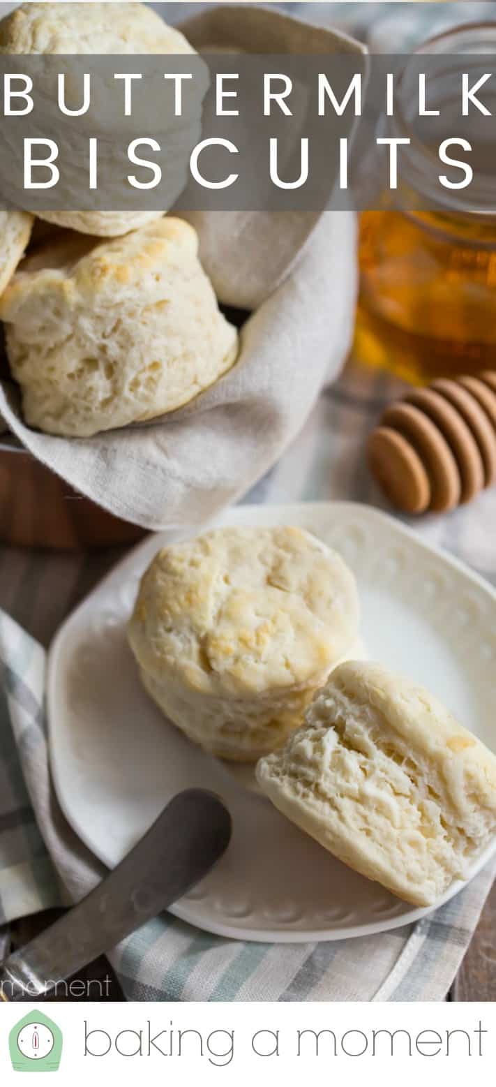 Close-up image of 2 homemade buttermilk biscuits on a china plate, with a text overlay above that reads "Buttermilk Biscuits."