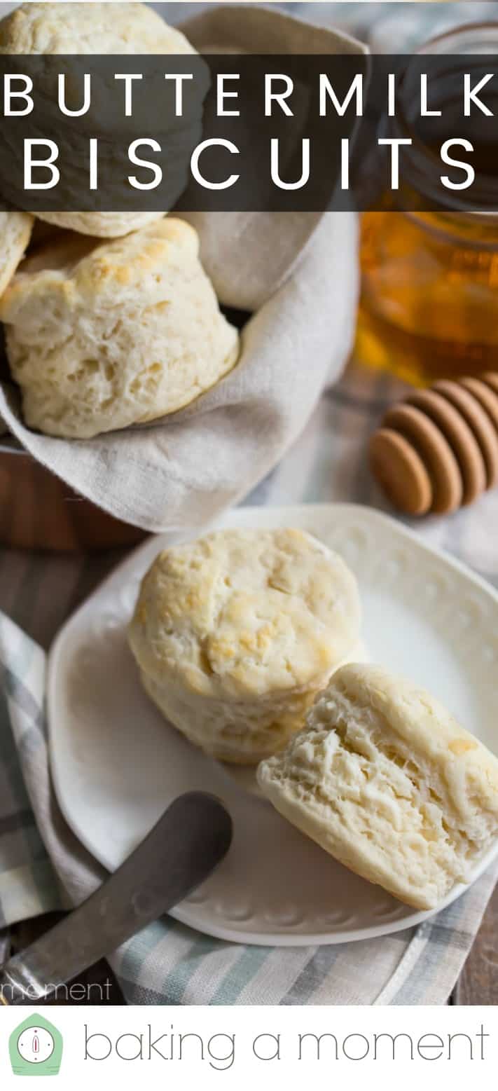 Close-up image of 2 homemade buttermilk biscuits on a china plate, with a text overlay above that reads "Buttermilk Biscuits."