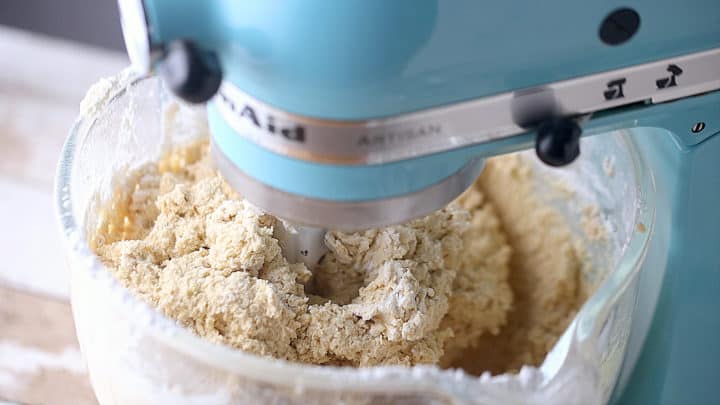 Properly mixed cookie dough in a stand mixer.