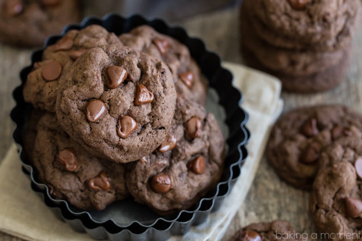 Soft Double Chocolate Chip Cookies- soft and gooey and SO chocolate-y! These will satisfy your craving for sure :) 