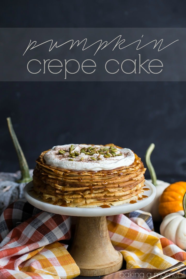 Pumpkin Crepe Cake: layer upon layer of lacy crepes, filled with a fluffy, cinnamon-spiced pumpkin pastry cream. The salted caramel and pepita garnish took this completely over-the-top! Definitely making this again for Thanksgiving. 