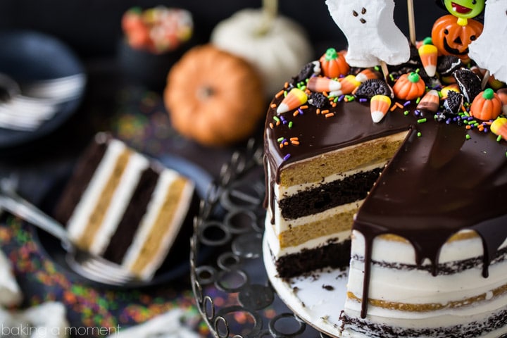 Pumpkin Chocolate Halloween Cake: the layers were moist and delicious and the frosting is like nothing else I've ever had! Really easy to decorate too, it's just candy but it looks incredible!