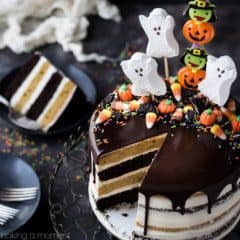 Pumpkin Chocolate Halloween Cake: the layers were moist and delicious and the frosting is like nothing else I've ever had! Really easy to decorate too, it's just candy but it looks incredible!