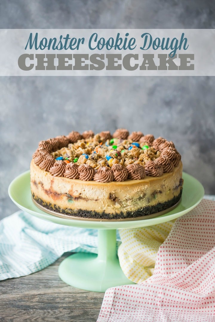 Monster Cookie Dough Cheesecake: OMG this dessert is completely over-the-top! Peanut butter cheesecake with hunks of peanut butter oatmeal m&m cookie dough, on an Oreo cookie crust, with more cookie dough on top and swirls of chocolate whipped cream. Such an incredible indulgence! food desserts cheesecake