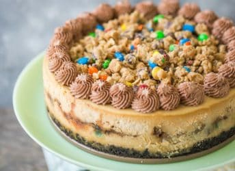 Monster Cookie Dough Cheesecake: OMG this dessert is completely over-the-top! Peanut butter cheesecake with hunks of peanut butter oatmeal m&m cookie dough, on an Oreo cookie crust, with more cookie dough on top and swirls of chocolate whipped cream. Such an incredible indulgence!