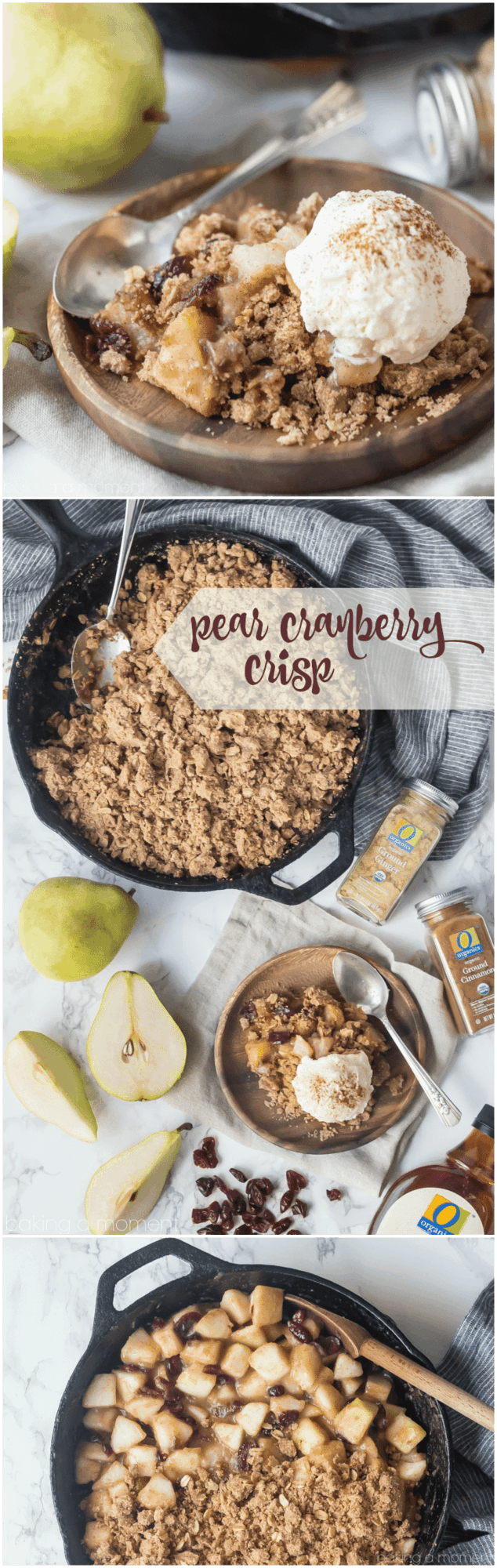 Pear cranberry crisp: a comforting cool-weather dessert! Sweetened with maple syrup, spiked with warm ginger, and topped with a buttery oatmeal pecan crumb.